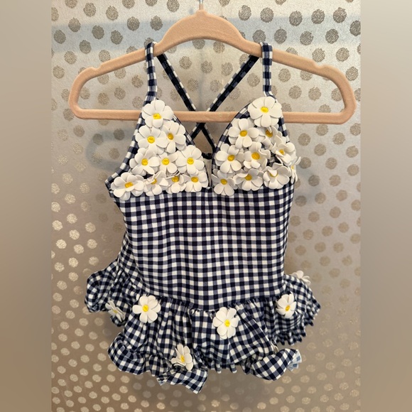 Little Me Navy and White Gingham Swimsuit with Daisy Details - Picture 3 of 5
